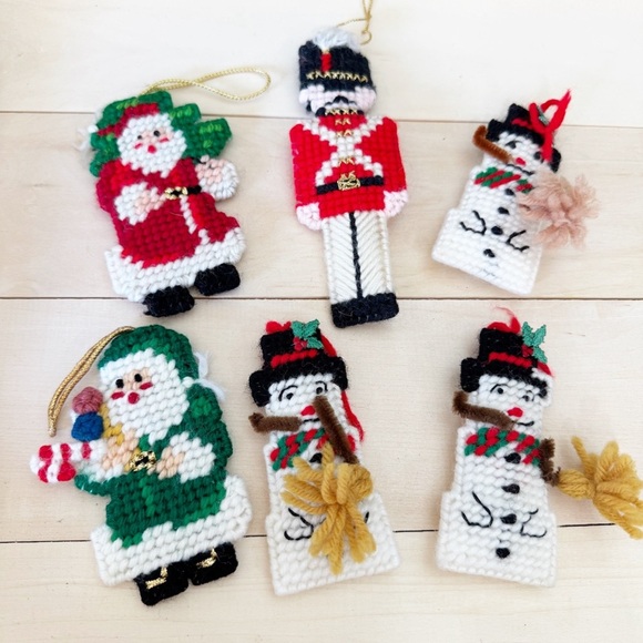 Set of 6 Vintage Plastic Canvas Needlepoint Christmas Ornaments - Picture 1 of 10